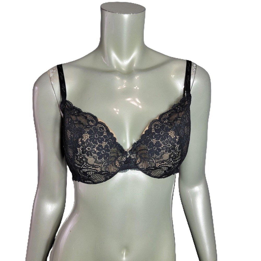 Victorias Secret Angels IPEX Demi Bra 38C Black Floral Lace Nude Lined Underwire